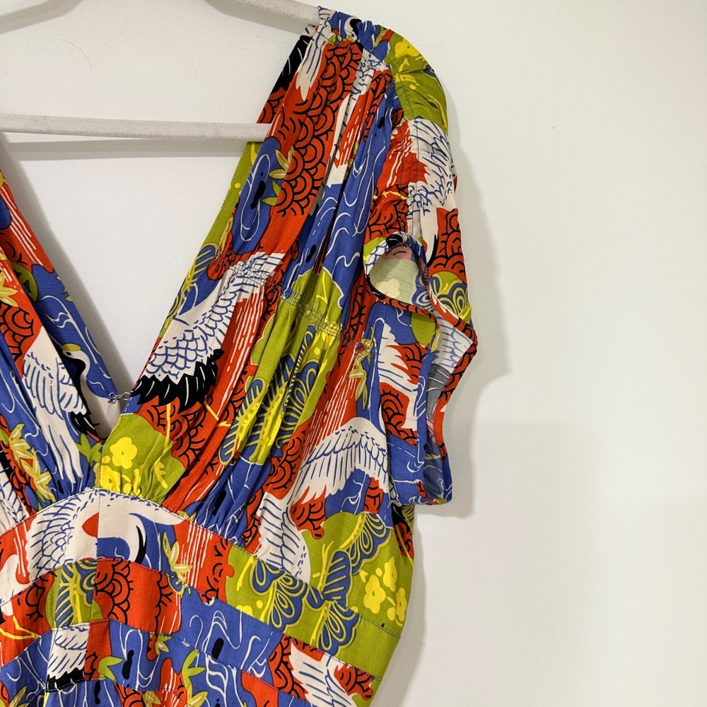 Trashy Diva Candice Gwinn Crane Print Dress Womens 14 Rayon V Neck Rockabilly - Picture 2 of 8